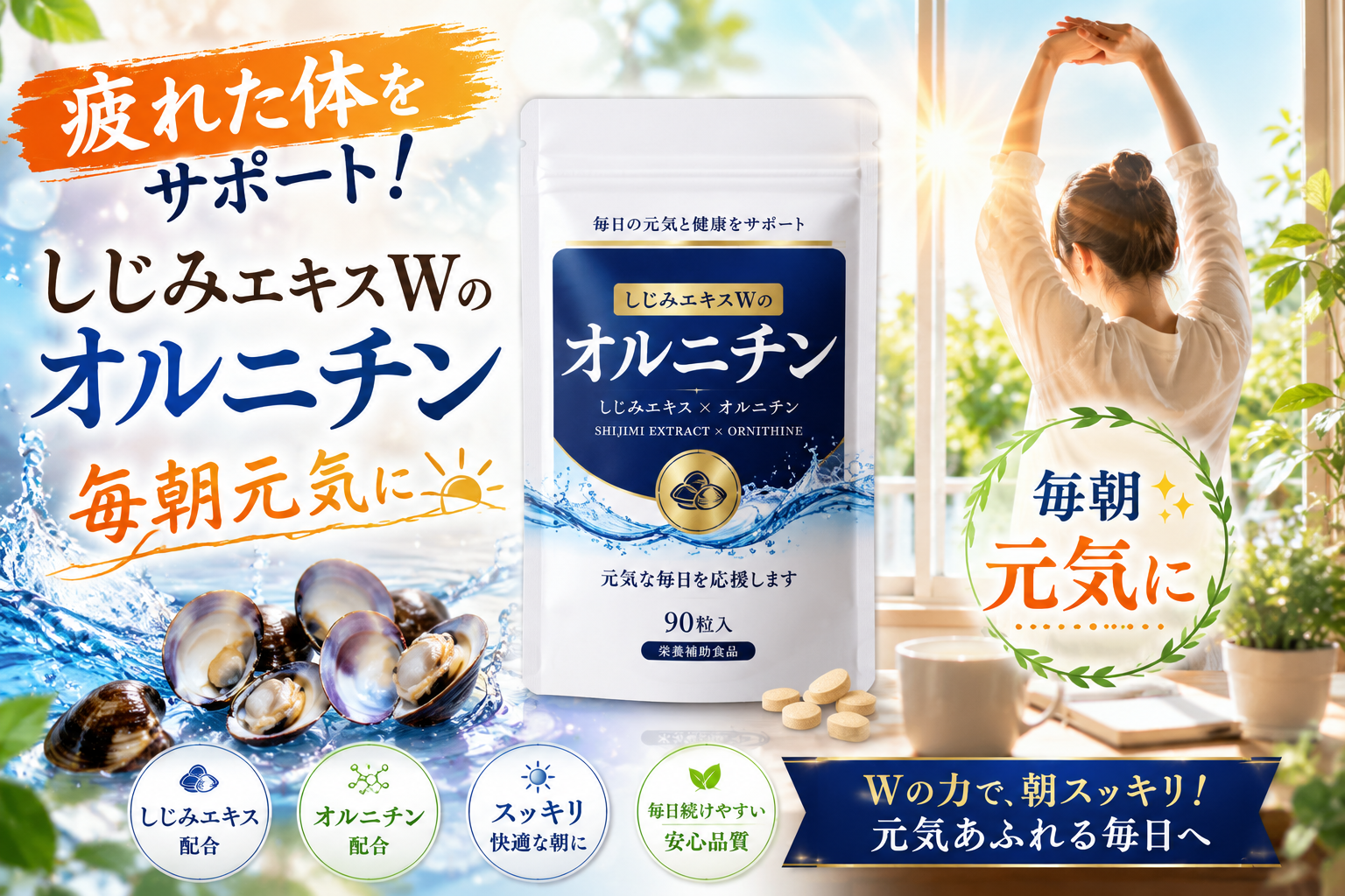 国産やまとしじみの力！『しじみエキスＷのオルニチン』で朝スッキリ！　広告あり