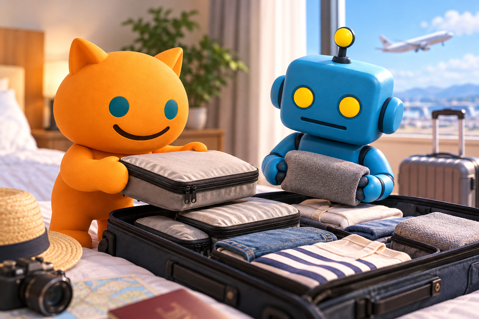 HiroさんとChatGPTが旅行用の圧縮ポーチを使って荷造りをする様子