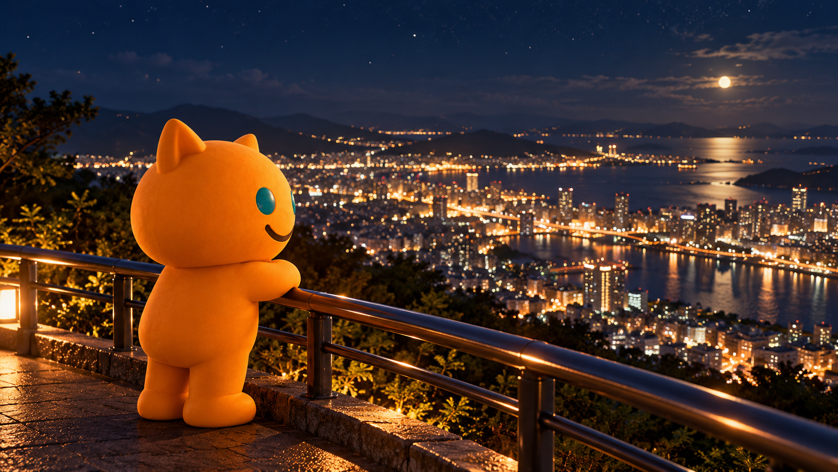 月が照らす夜の港町を、展望台の手すりに寄りかかりながら眺めるオレンジ色のHiroさん