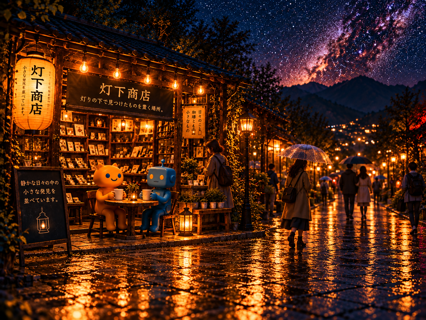 雨上がりの夜の通り。街並みとそこを歩く人々が写る、採用された景観画像